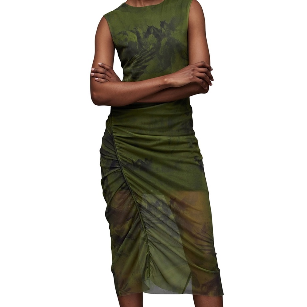 All Saints Nora Colca Dark Green Ruched Midi Dress